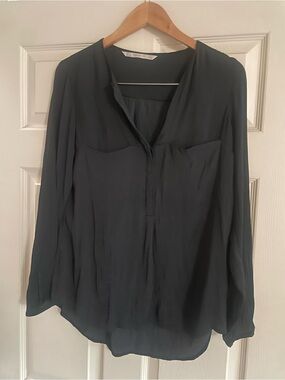 Zara Charcoal Black Long-Sleeve Split V-Neck Blouse